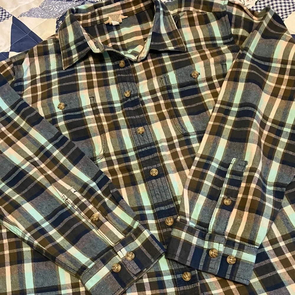 Duluth Trading Co Women's Plaid Button Down Shirt - Blue, Mint, Pink - Picture 1 of 5